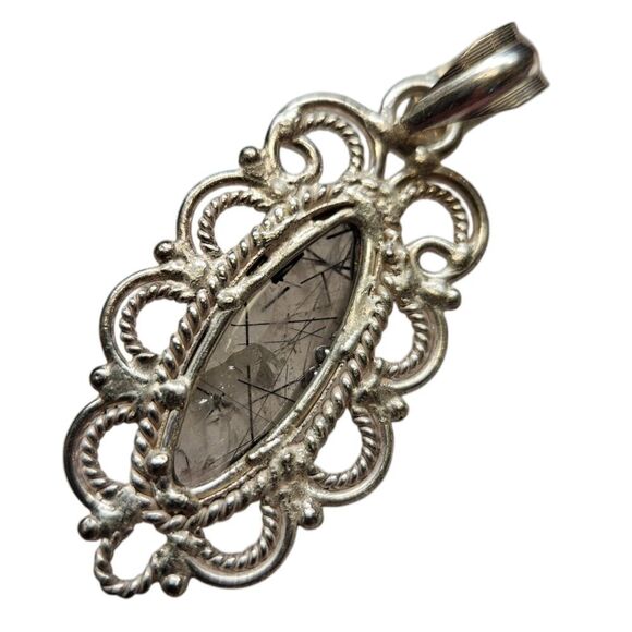 Vintage Rutilated Quartz Marquise Pendant 925 Sterling Silver Filigree - Picture 5 of 6